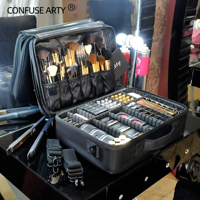 

2022 New High Quality Professional Makeup Case For Women With Compartments PU Leather Waterproof Travel Large Capacity Storage