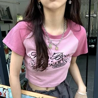 deeptown y2k retro pink tshirts korean streetwear patchwork skinny basic t shirts fairy grunge graphic print tees top harajuku