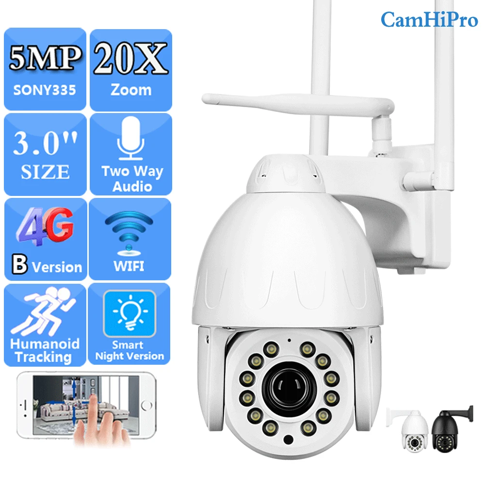 

3G 4G SIM Card Sonyimx335 5MP Wireless IP Camera Wifi PTZ Dome Two Way Audio HumanTracking With 20X Auto Zoom Color Night Vision