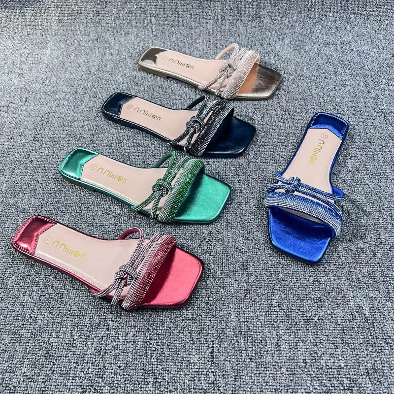 Xibeilove Summer New Line Women's Slippers Sexy Rhinestone Outwear Flat Bottom Slippers