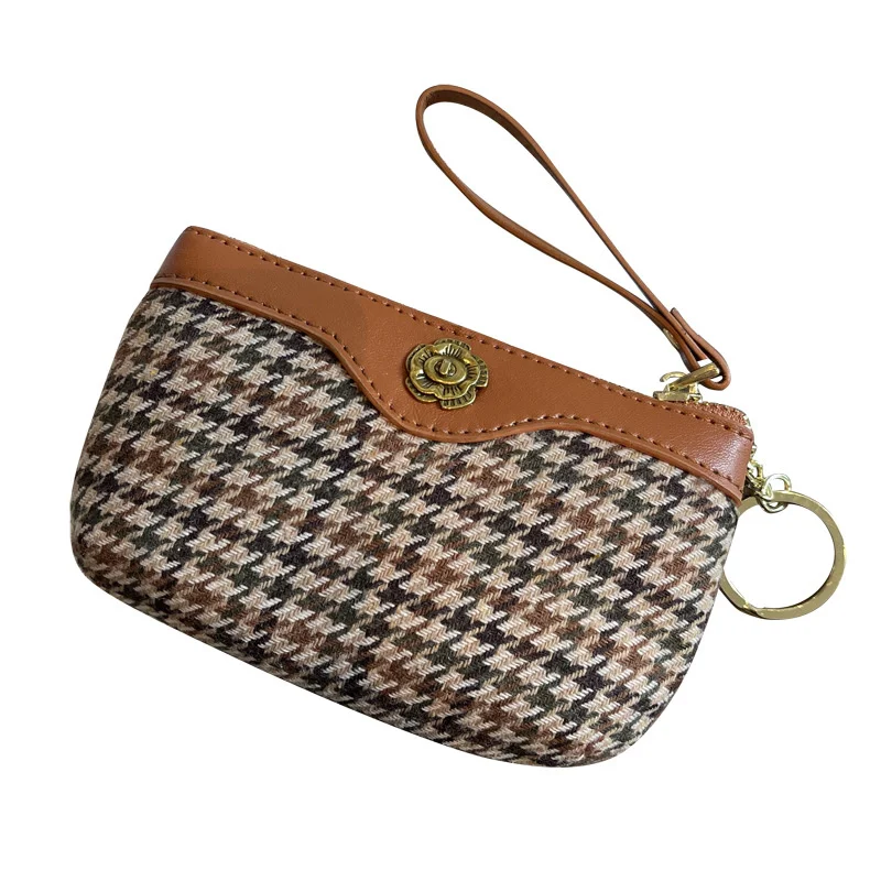 

Embroidery Houndstooth Coin Purses For Women Genuine Leather Mini Wallet With Keychain Retro Flower Lock Card Holder Bag 2023