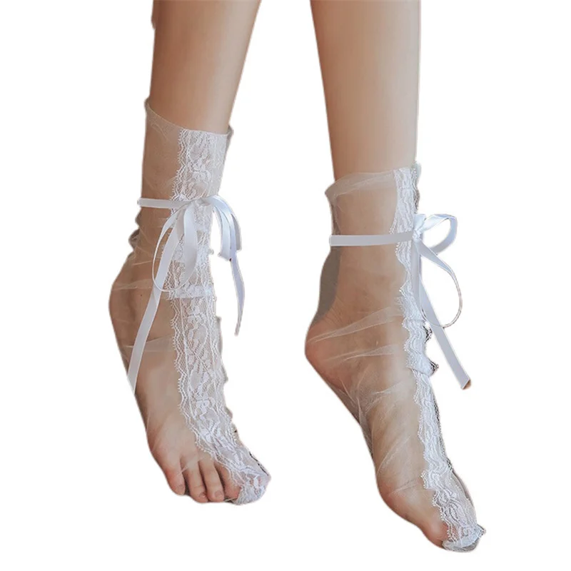 

Women's Sexy Transparent Mesh Lace Socks. Women's Ultra-thin Princess Socks With Bows Fashion High Socks