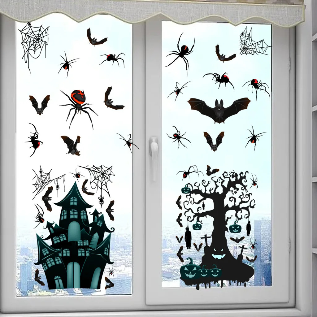 

Halloween Window Clings Stickers,Black Bats,Spider Haunted House Pumpkins,Ghost Scary Skeleton Decals, Halloween Party Supplies