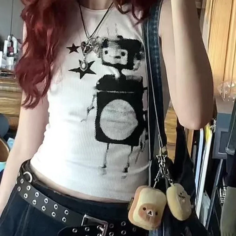 

Harajuku Graphic Robot Print Tank Tops y2k Aesthetic Grunge Crop Tops 00s Retro Kawaii Sleeveless T Shirts Vest Women Clothes