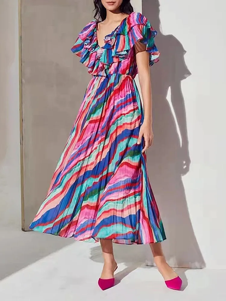 

Женское длинное асимметричное плиссированное платье с цветным принтом, V-образным вырезом, оборками, коротким рукавом и высокой талией, вес...