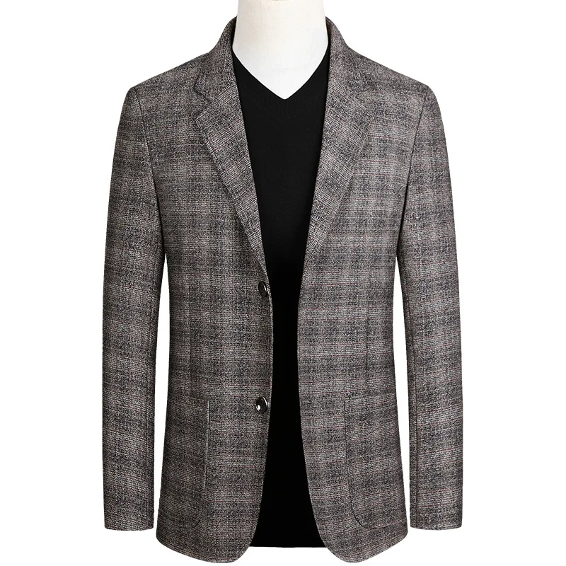 2019 New Mens Blue Grey Plaid Business Casual Blazer Jacket Spring Autumn Mens Slim Fit Dress Suit Jacket Elegant Blaser Homme