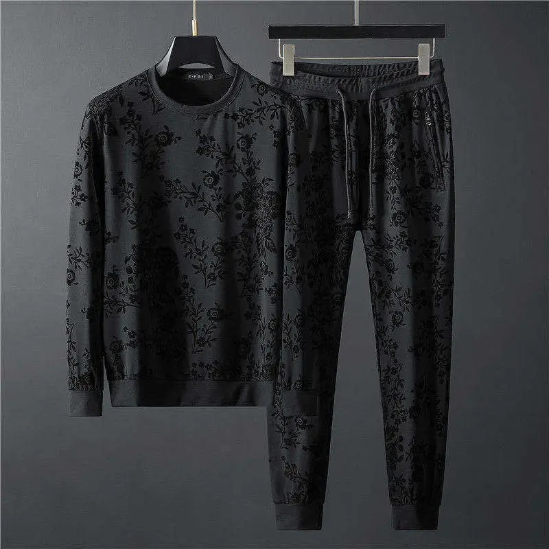 Mens Clothes 2022 Autumn Personalized Simple Jacquard round Neck Long Sleeve Sweater Trousers Two-Piece Set Men's Suit Fashion