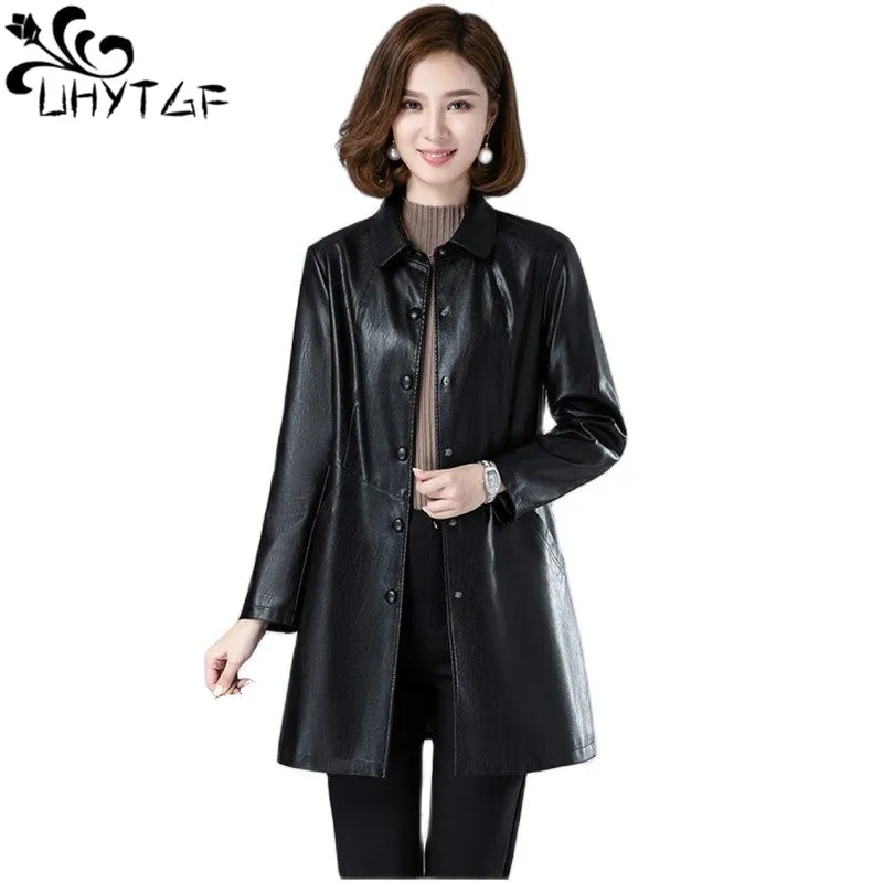 UHYTGF Quality Sheepskin Autumn Leather Jacket Women Mid-Length 5XL Loose Size Coat Elegant Female Leather Trench Outerwear 2345