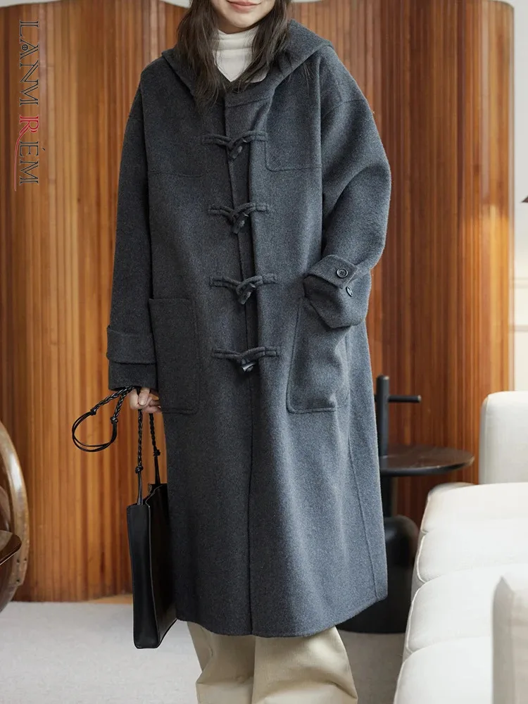 

[LANMREM] Роскошные 100% шерстяные пальто для женщин зима 2023 новинка темно-серого цвета гусиные пуговицы Толстая теплая верхняя одежда женская одежда 26D6944