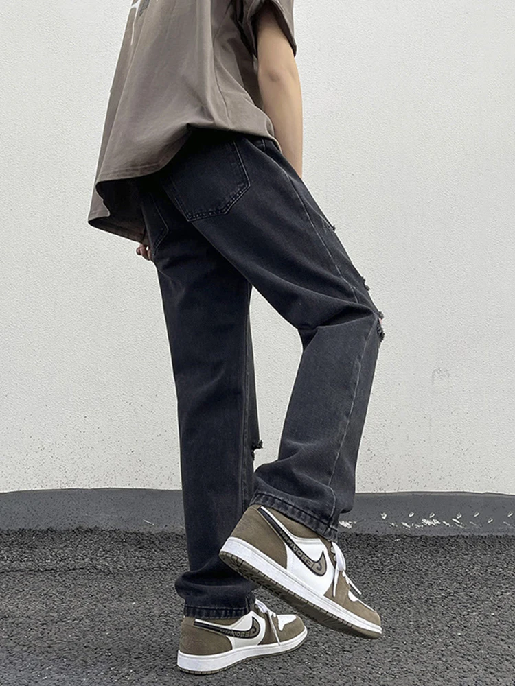 Vintage Distressed Yellow Wash Denim Jeans for Men Trendy Streetwear Baggy Jeans, Straight Leg Casual Trousers