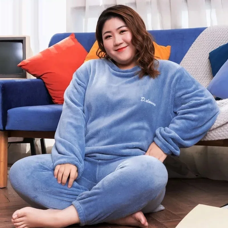 Size 6XL 140kg Winter Warm Coral Fleece Pajamas Sets Long Sleeve Top And Pants Sleepwear Suit Home Women Female Sleepwear