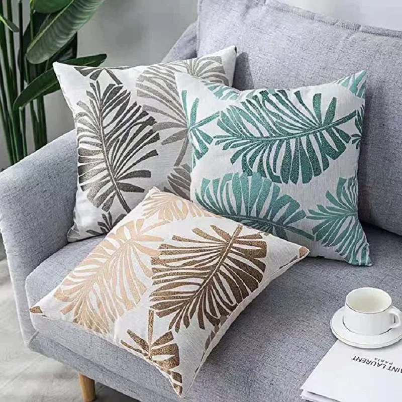 Inyahome Linen Pillowcase Palm Leaf Throw Pillow Covers Decorative Square Cushion Covers Pillowcases for Sofa Couch Bed Chair
