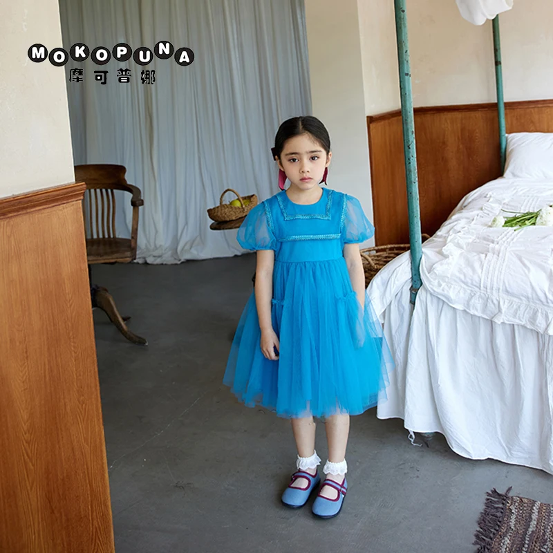 

MOKOPUNA Dress Blue Mesh Puff Skirt Spliced Multi-layer Cotton Lined Princess Skirt Holiday Christmas Baby Girl Clothes QW073