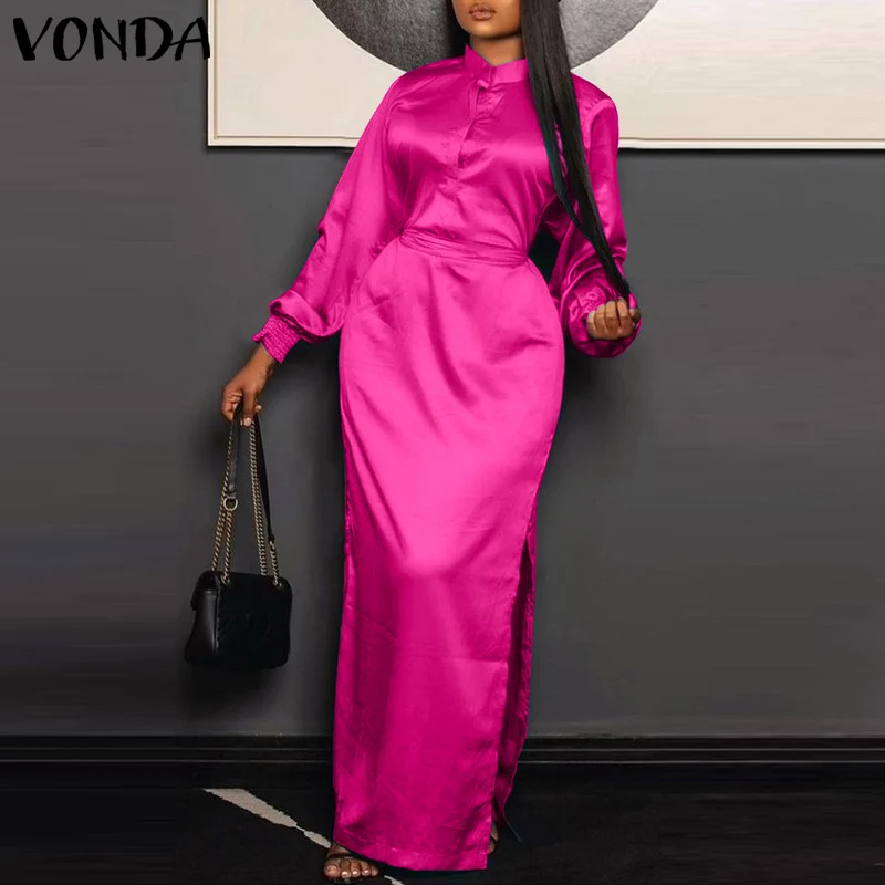 

Long Maxi Dresses VONDA 2022 Women Casual Round Neck Puff Sleeve Button Up Baggy Vestidos OL Office Satin Sundress Oversized