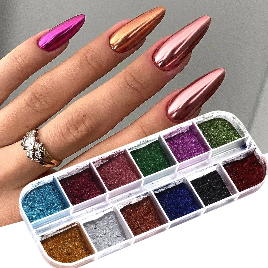 12Grids Magic Mirror Rubbing Nail Glitter Powder Metal Effect Silver Gold Pink Chrome Pigment DIY Gel Polish Manicure Decoration