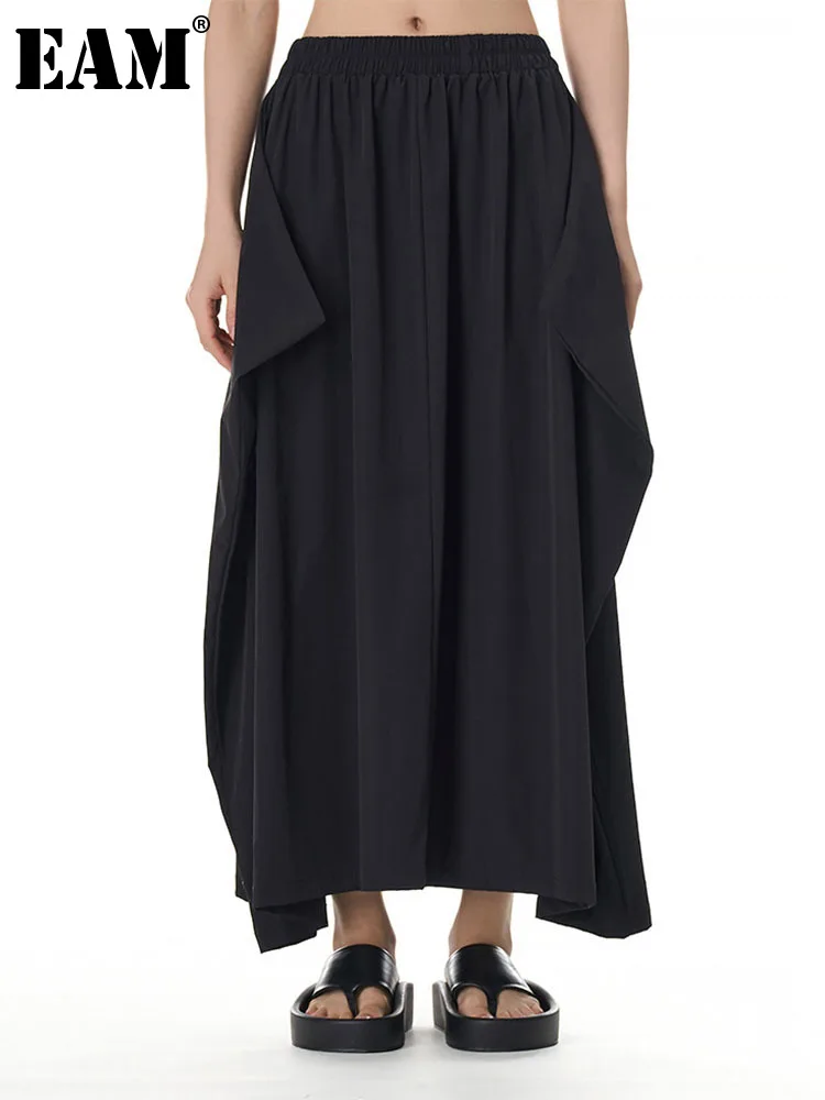 

[EAM] Women Black Pleated Buckle Half-body Skirt High Elastic Waist Loose Vintag Fashion Tide New Spring Summer 2023 1DF9177