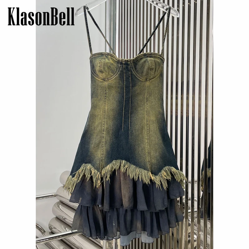 

8,29 KlasonBell сексуальное модное потертое состаренное комбинированное платье с оборками потертые кисточки на тонких бретелях джинсовое женское платье