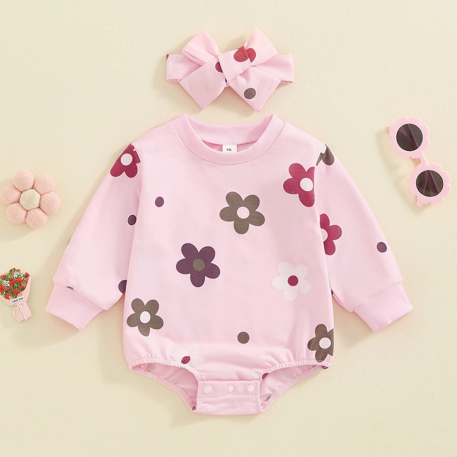 Детский комбинезон BeQeuewll с длинным рукавом цветочным принтом на осень/весну