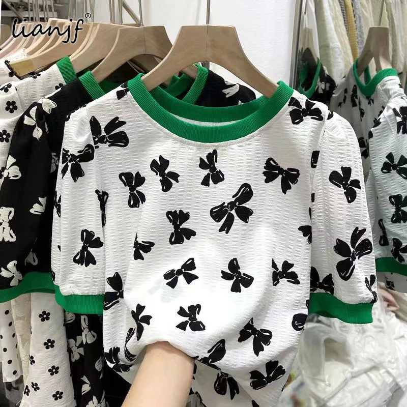 

Bow T-shirt Hit Color Patchwork Print Knitwear T Shirt Women O Neck Pullover Short Sleeve Tees Summer 2021 New Causal Ladies Top