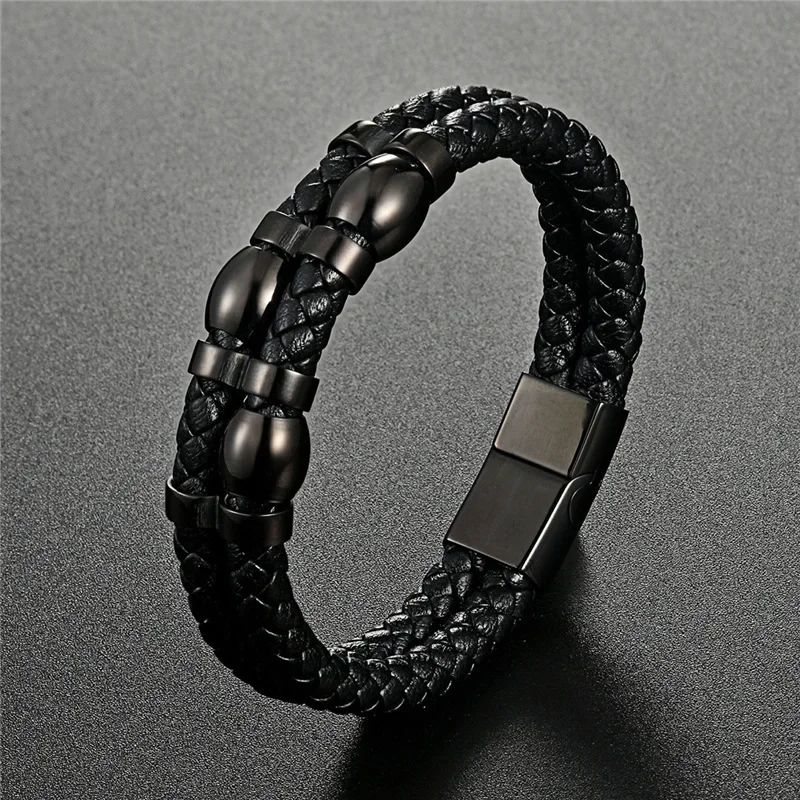 Fashionable Cross-Border Style Men's Genuine Leather Titanium Steel Punk Bracelet Black Versatile Stainless Unique Wristba