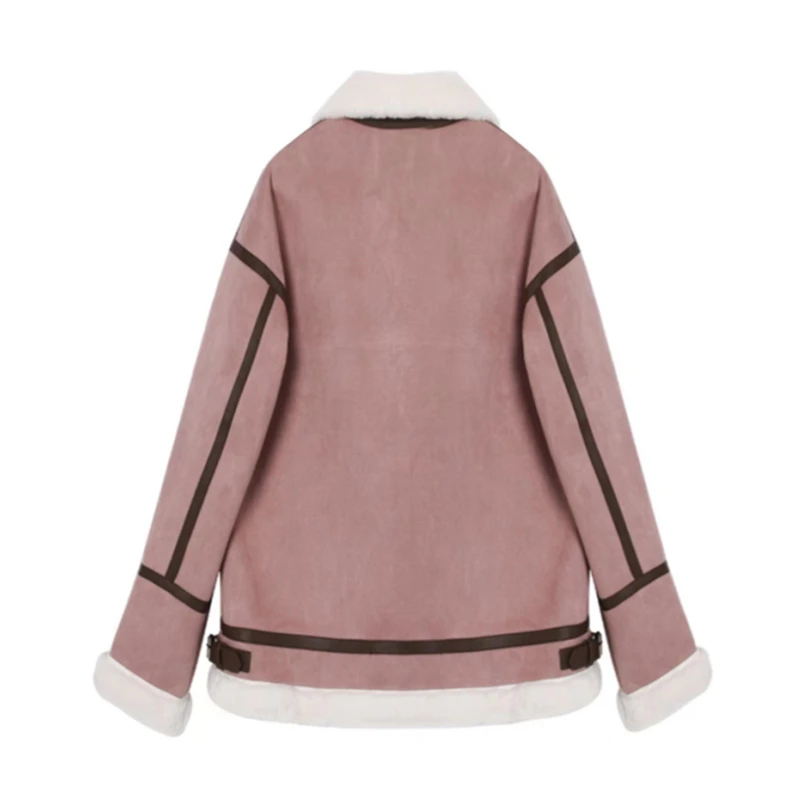 Lamb Fur One Piece Pink Coat Women's Autumn Winter New Color Contrast Warm Loose Long Sleeve Versatile Coat Female