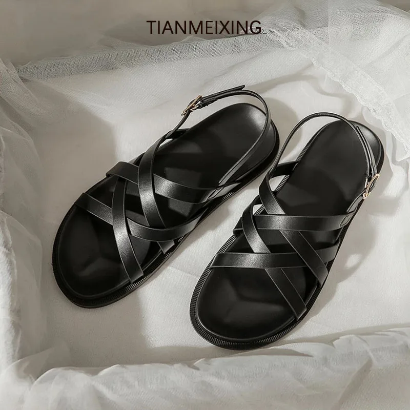 

Sandals Women'S Flat Bottom Buckle 2022 New Women'S Sandals Korean Version Thick-Soled Roman Women'S Shoes