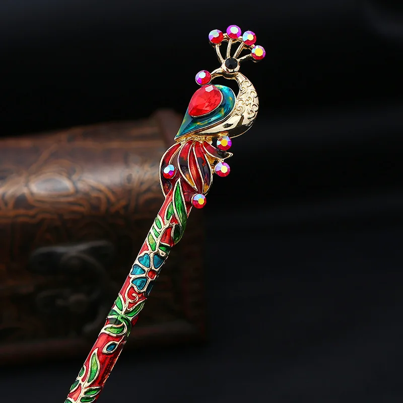 Retro Women Enamel Crystal Peacock Hair Stick Hairpin Chinese Style Handmade Accessories | Jewelry