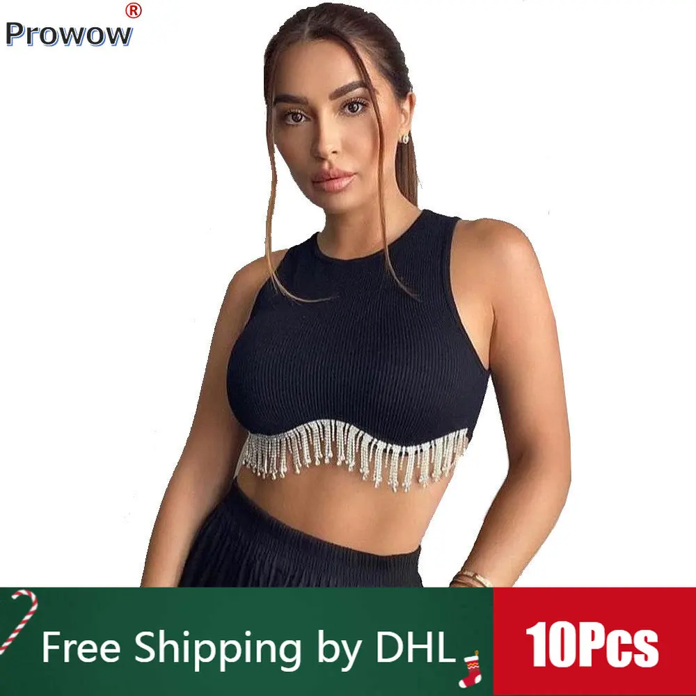 

10 Pcs Bulk O-neck Sleeveless Vests Women Y2k Sexy Spicy Girl Diamond Chain Hem Crop Tops Summer Casual Pullovers Wholesale 9741