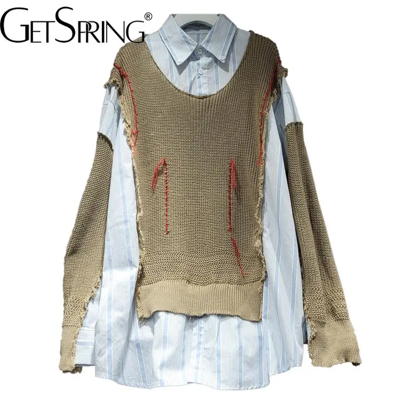 

Getspring Women Sweater Irregular Patchwork Color Matching Pullover Sweaters Irregular Loose Leisure Long Oversized Tops 2022