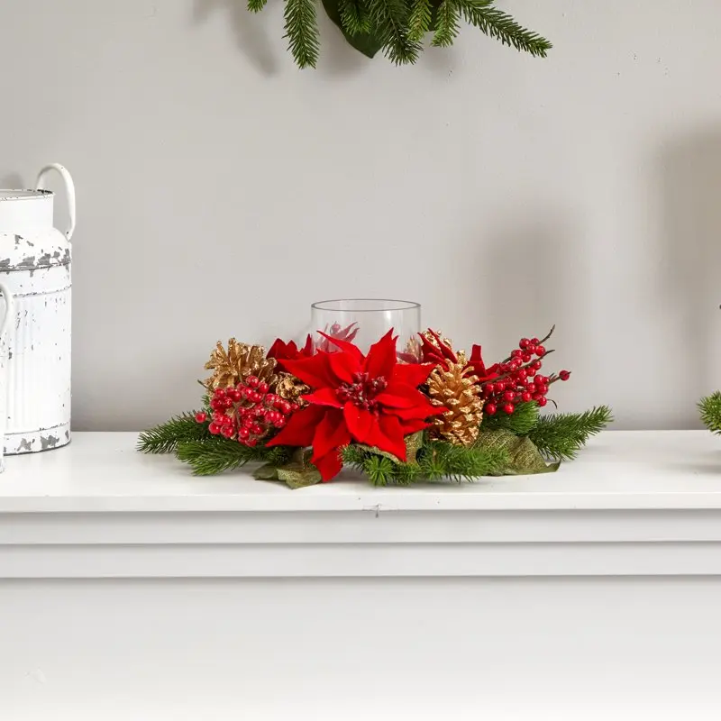 

Luxurious Gold & Red Berry Pine Cone Artificial Candle Flower Arrangement - Perfect Home Decor / Centerpiece for Christmas/Holid