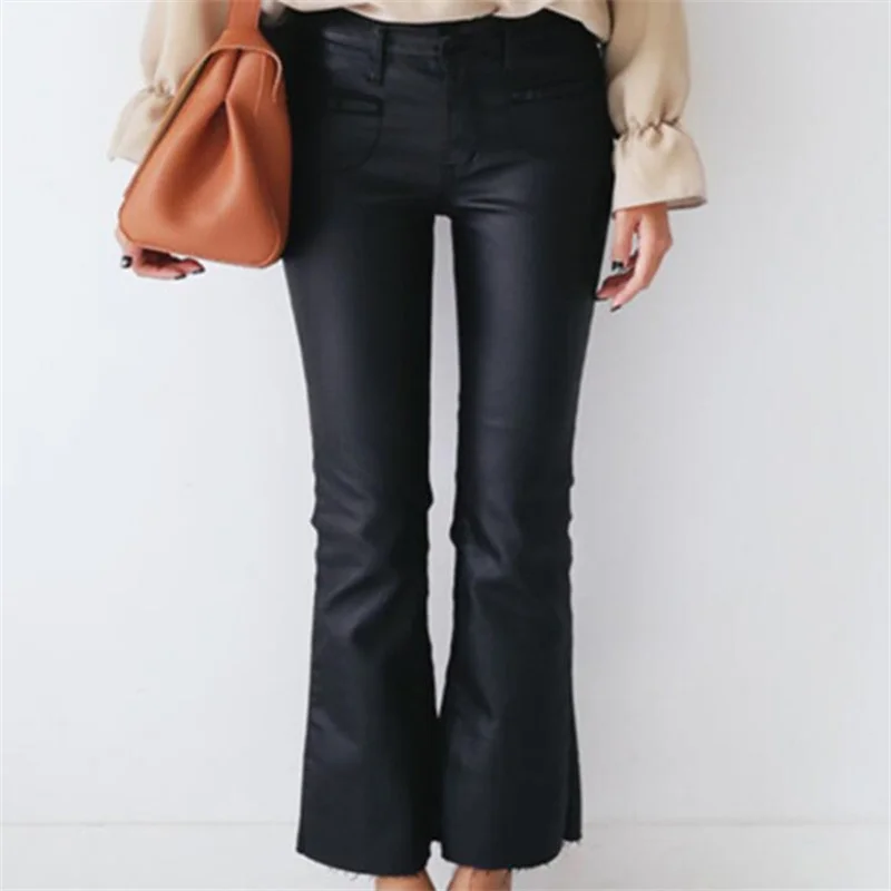 Autumn spring fashion faux leather pants womens feet pants Loose Straight pu trousers for women personality