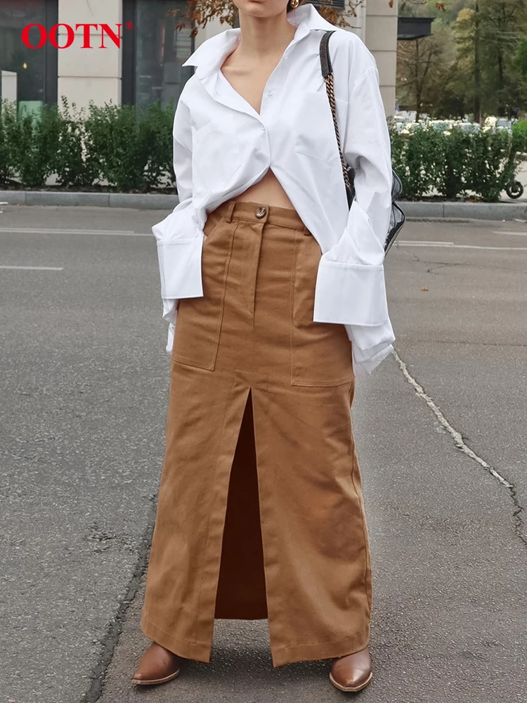 

Уличная шикарная коричневая юбка трапециевидной формы, сексуальная юбка из 100% полиэстера длиной до щиколотки, Женская Осенняя элегантная длинная юбка с карманами 2023