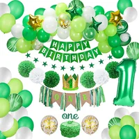 JOYMEMO Green Latex Gold Confetti Star Foil Balloon Set Paper Pompoms Banner Crown Cake Topper Baby 1st Birthday Party Supplies