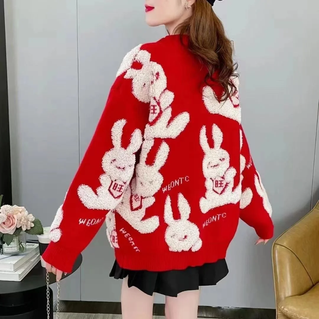 Christmas Dress For Women Sweater Winter Autumn Red New Years Clothing Rabbit Long Sleeve Pullover Loose Evening Party Dresses