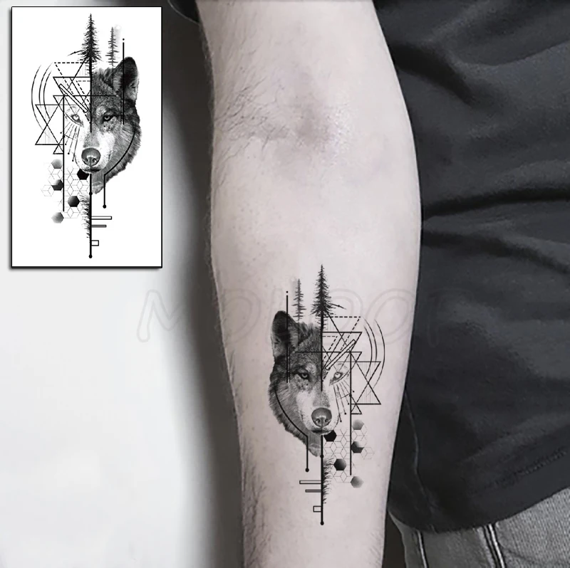 

Wolf Head Tree Triangle Geometric Element Temporary Tattoo Sticker Fake Tattoos for Women Men Body Makeup Waterproof Stickers