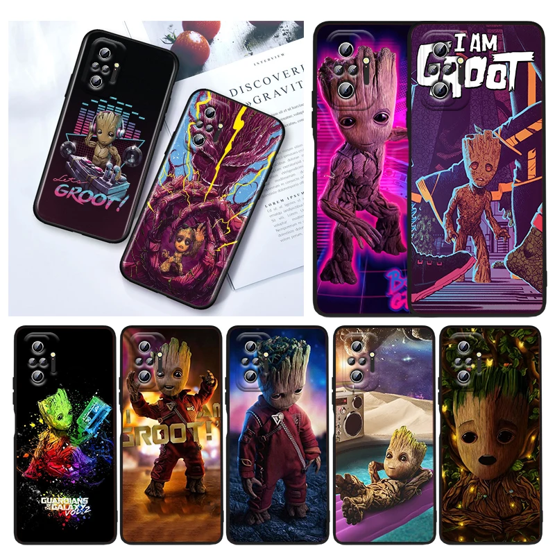 

Cute Cartoon Marvel Groot For Xiaomi Redmi Note 11E 11S 11 11T 10 10S 9 9T 9S 8 8T Pro 5G 7 5 Black Phone Case Soft TPU Cover