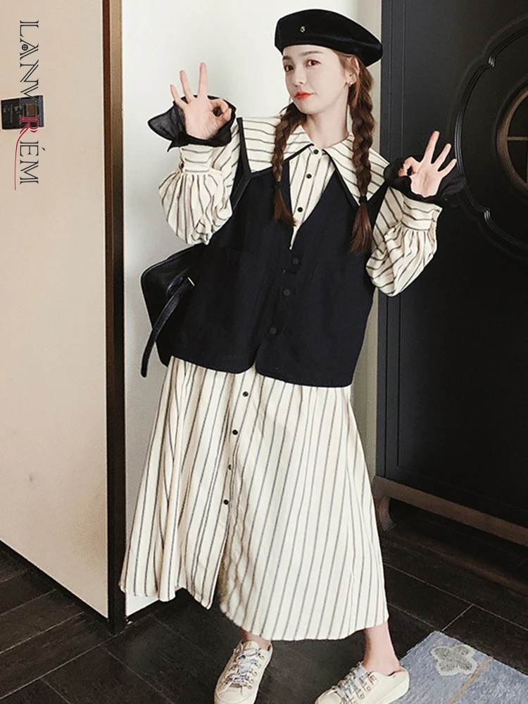 

LANMREM Contrast Color 2 Piece Set Women Sleeveless Short Vest Single Breasted Striped Dress Casual 2023 Autumn New 2AA2182