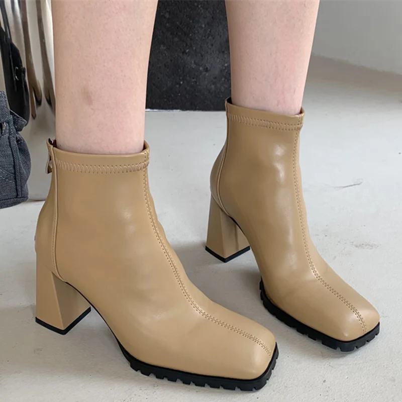 

Sexy Women 8cm High Heels Ankle Boots 2023 Winter New Elegant Ladies Back Zippers Soft Pu Leather Square Toe Punk Boots Shoes