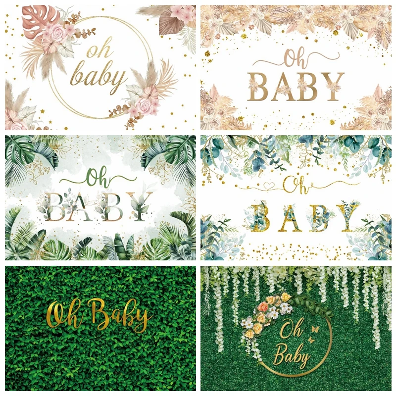 

Green Leaves Oh Baby Shower Backdrop Photography Newborn 1st Birthday Gender Reveal Party Background Photographic Photo Studio