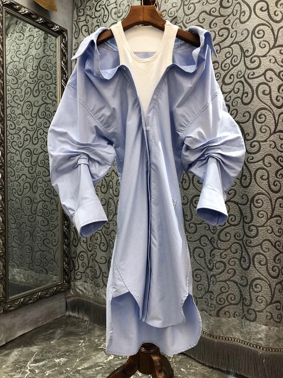 

2022 new women fashion lantern long-sleeved round neck vest stitching strapless front short back long dress 724