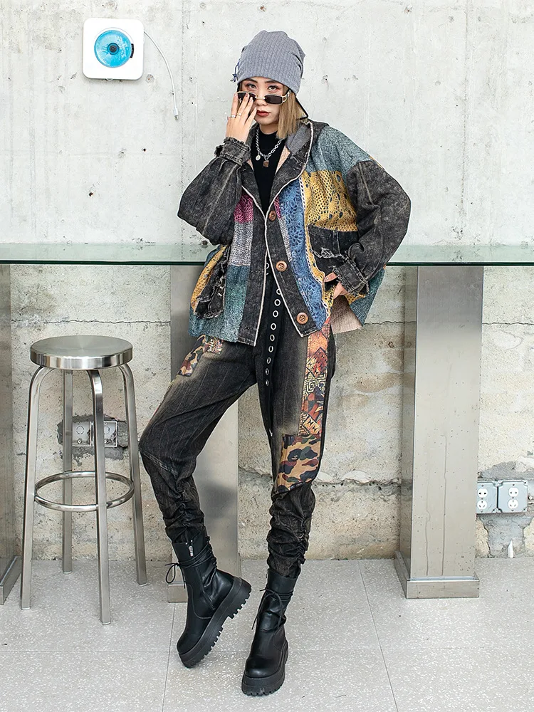 

Женский джинсовый кардиган с капюшоном, винтажная трикотажная куртка составного кроя с длинными рукавами и широкой талией в стиле ретро