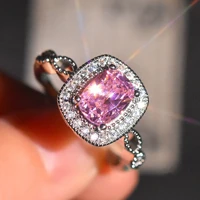 luxury pink crystal cubic zircon women rings princess square wedding band silver color female finger ring engagement party