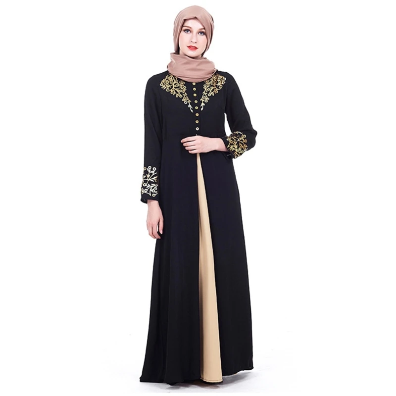 Women's Long Sleeve Printed Patchwork Muslim Dresses Abaya with Buttons