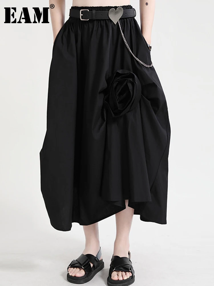 

[EAM] High Elastic Waist Black Appliques Ruffles Loose Striped Half-body Skirt Women Fashion Tide New Spring Autumn 2022 1DD7164