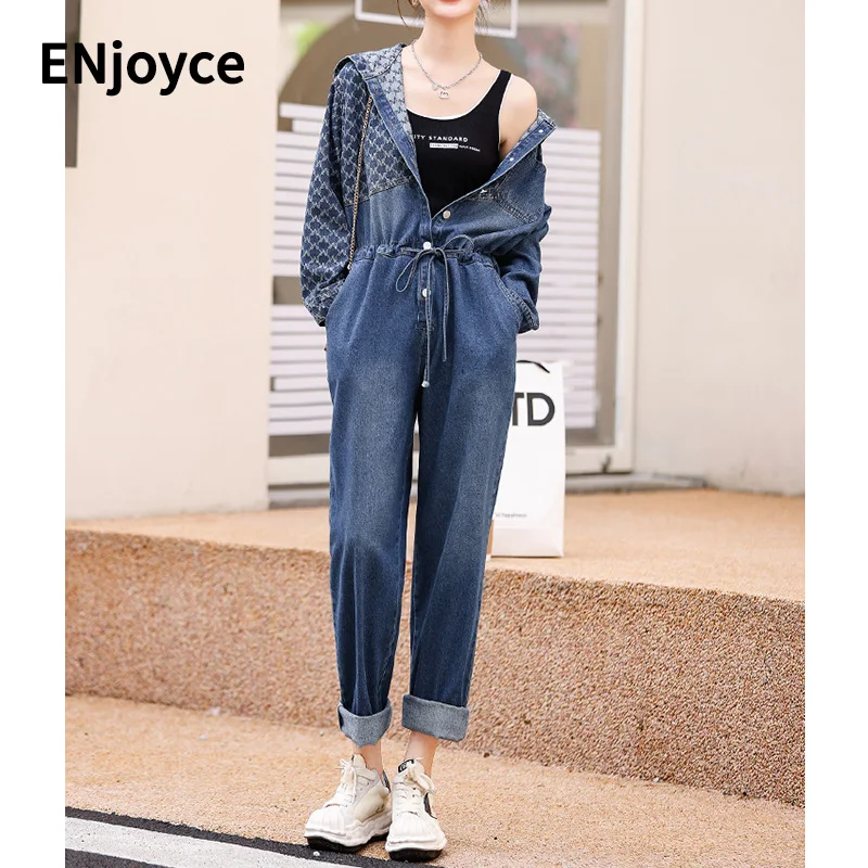 Basic Letter Jacquard Hooded Denim Jumpsuit with Drawstring Waist Women One Piece Overalls Jeans Casual Loose Romper Playsuits