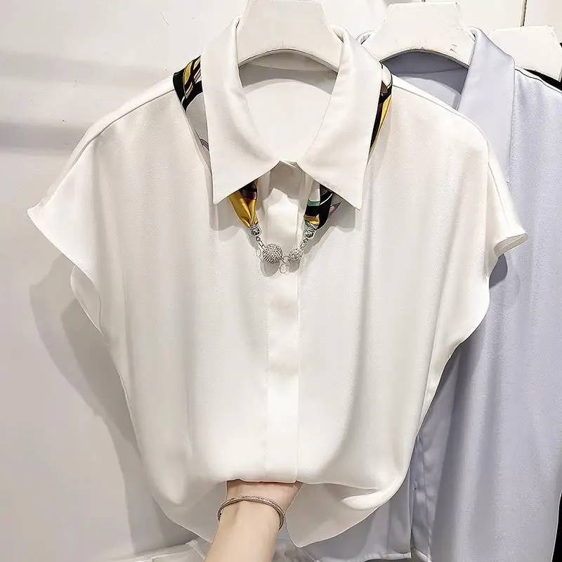 Летняя новая шифоновая белая рубашка Топы с коротким рукавом воротник поло однотонная свободная универсальная Блузка офисная Модная элегантная женская одежда