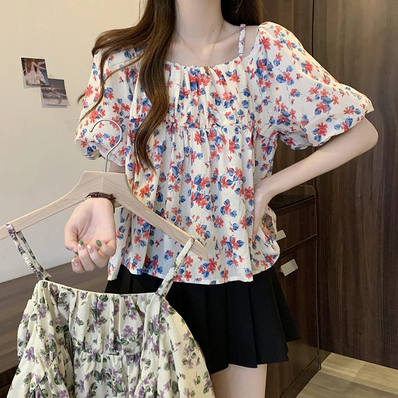 

Sweet Floral Blouse Sexy Slash Neck Off Shoulder Camis Blouse 2023 Summer New Short Puff Sleeve Shirt Loose Tops Clothes 27371