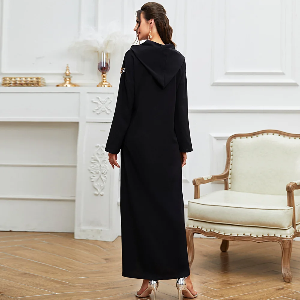 Black Abayas For Women Diamonds Hooded Robe Middle East Arabic Ramadan Abaya Muslim Dress Robe Femme Musulmane