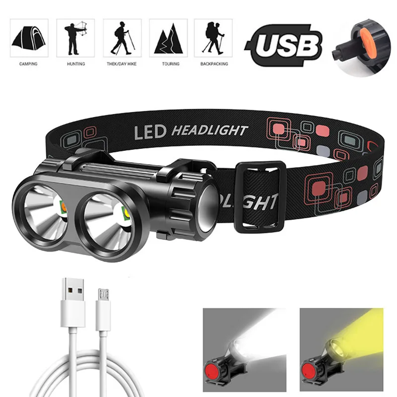 

USB Rechargeable LED Headlight Powerful COB Headlamp Head flashlight 2ModeTorch Waterproof Head Light with 1Built-in Battery