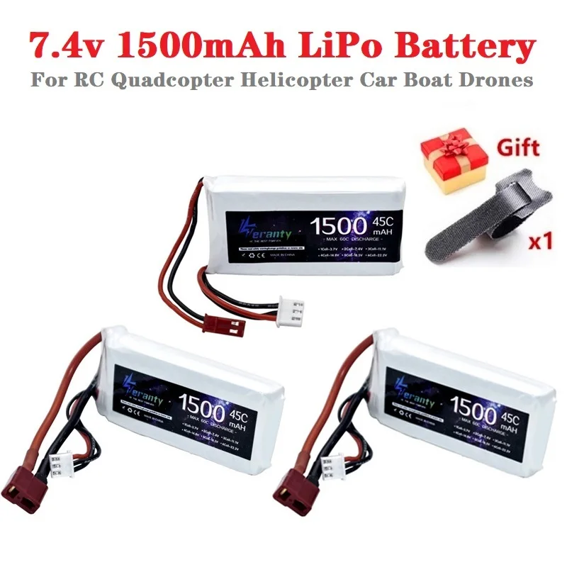

3PCS 1500mAh 7.4v 45C LiPo Battery For RC Quadcopter Helicopter Car Boat Drones Spare Parts 2S Battery With T JST XT30 XT60 Plug